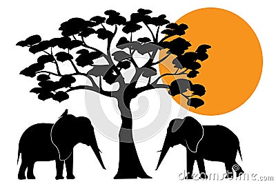 Elephants silhouettes in Africa, vector Vector Illustration