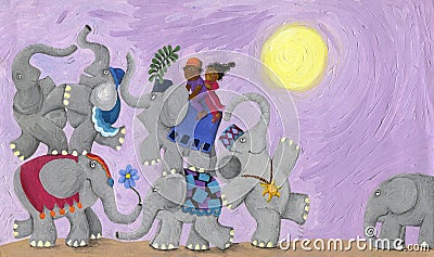 Elephants and children dancing Cartoon Illustration