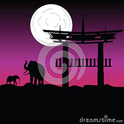 Elephants and chinese buildings vector Vector Illustration