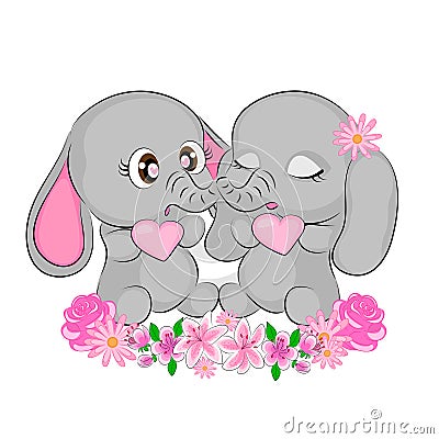 elephants couple in love cute illustration of elephants with flowers for valentines day card textile print packaging Vector Illustration
