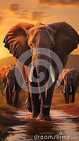 Elephants crossing Olifant River, evening shot, Amboseli National Park, Kenya Stock Photo