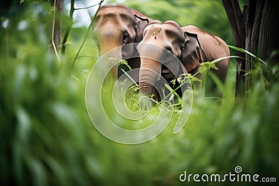 elephants foraging in lush green underbrush Stock Photo