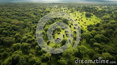 Elephants in forest - Aerial shot Stock Photo