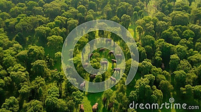 Elephants in forest - Aerial shot Stock Photo