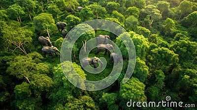 Elephants in forest - Aerial shot Stock Photo
