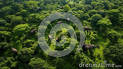 Elephants in forest - Aerial shot Stock Photo