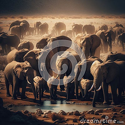 Elephants gathering at a waterhole during a scorching afternoon Stock Photo