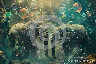 Elephants interact curiously in a playful, mystical setting surrounded by vibrant, floating bubbles, creating a Stock Photo