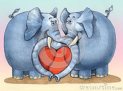 Elephants in love humorous draw Cartoon Illustration