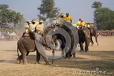 Elephants polo players during elephants polo, Nepal Editorial Stock Photo