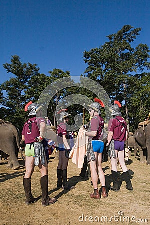 Elephants polo players during elephants polo, Nepal Editorial Stock Photo