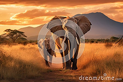 Elephants at sunset in Serengeti National Park, Tanzania, Elephants walking by the grass in savannah. Beautiful animals at the Stock Photo