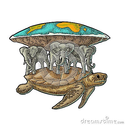 Elephants and turtle holding flat earth. Engraving vintage black illustration. Vector Illustration