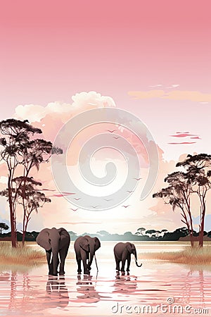 Elephants walking across the water at sunset, AI Stock Photo