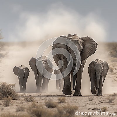 Elephants walking along a dusty desert. Created using ai generative. Stock Photo