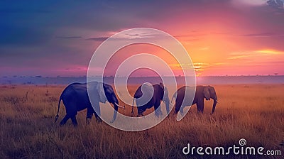 Elephants walking through the grasslands at dusk Stock Photo