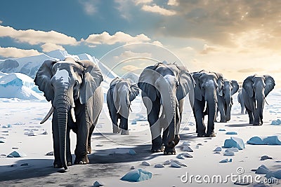 Elephants walking under snowflakes with clouds shaped like hats. Generative AI Stock Photo