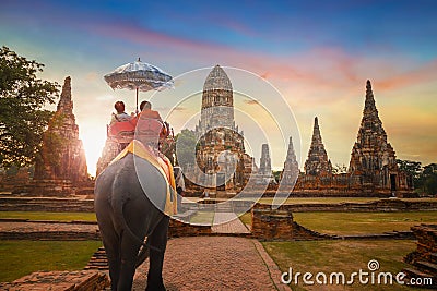 Elephants at Wat Chaiwatthanaram temple in Ayuthaya Historical Park, a UNESCO world heritage site, Thailand Editorial Stock Photo