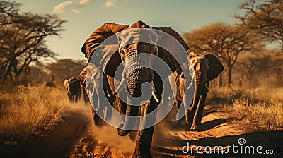 Elephants in wild nature, running on camera. Action wildlife scene with dangerous animal. Loxodonta Africana Stock Photo