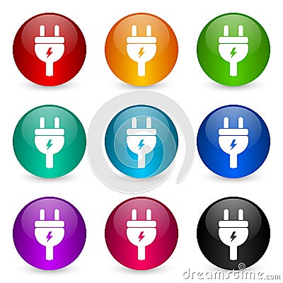 Eletricity, energy, power, plug vector icons, set of colorful glossy 3d rendering ball buttons in 9 color options Vector Illustration