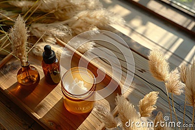 Luxury skincare products on elegant wooden tray with natural light Stock Photo