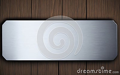 Elevate Your Branding with Blank Polished Silver Plate on Wooden Background. Stock Photo