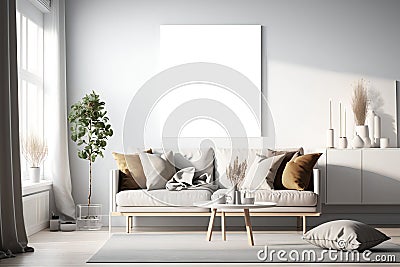 Elegant White Canvas Mockup: Minimalist Workspace, Cheerful Wall, and Inviting Atmosphere Stock Photo