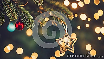 Christmas Lights - Stars String Hanging At Fir Branches In Abstract Defocused Background Stock Photo