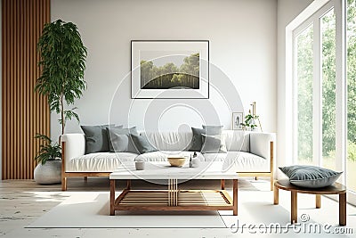 Elevate Your Living Space with a Simple and Chic Tropical Wood Sofa Table - Generative AI Stock Photo