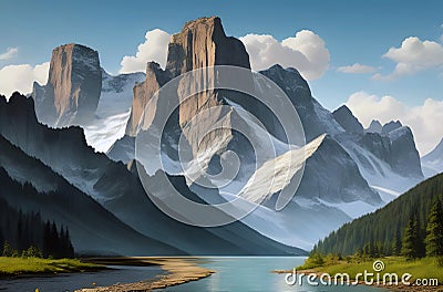 A painting of a mountain lake surrounded by snow capped mountains Wallpaper Stock Photo