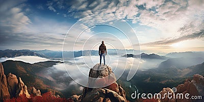 Elevated Aspirations, A Man Standing on an Inspiring Landscape, Ideal for Achievement Themes Stock Photo