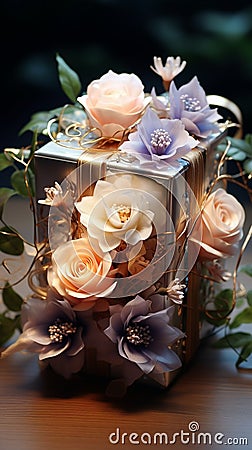 Elevated beauty Light background enhances the box adorned with enchanting flowers Stock Photo