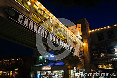Elevated bridge and shops in Cannery Row at night, in Monterey Editorial Stock Photo