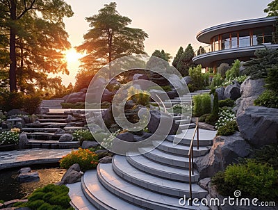 Elevated elegance: stone terraces and modern railings meet nature's cascade Stock Photo