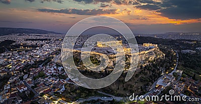 Elevated, panoramic view of the illuminated Acropolis of Athens Stock Photo