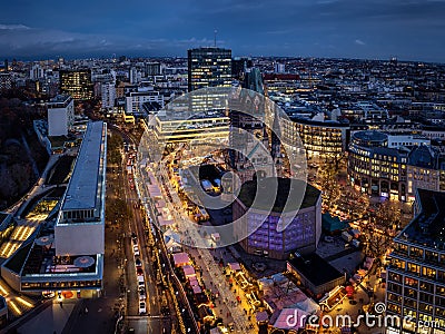 Elevated, panoramic view of the illuminated Breitscheidplatz in Berlin during Christmas Stock Photo
