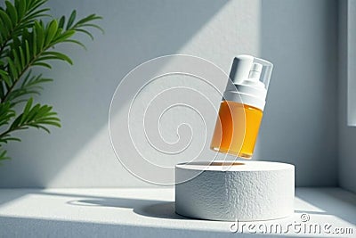 Elevated product, gray backdrop, soft window illumination, defined shadow , platform, clean, shadow Stock Photo