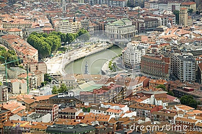 Elevated view of Bilbao, Spain (Bilbo) and river Ibaizabal Editorial Stock Photo