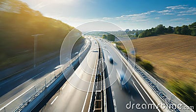 Elevated view on highway with motion blurred cars at day Stock Photo
