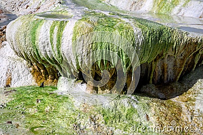 Birdseye view photo of graphic colorful mineral terraces and travertine formations in Egerszalok spa Stock Photo