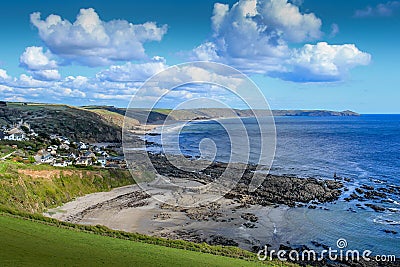 Elevated View of Portwrinkle, with views across Whitsand Bay towards Rame Head in Cornwall Stock Photo