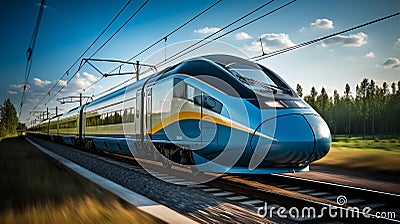 Elevated view of a sleek high speed train rushing along the tracks with a blur effect Stock Photo