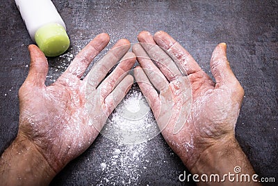 Talcum Powder On Man`s Hands Stock Photo