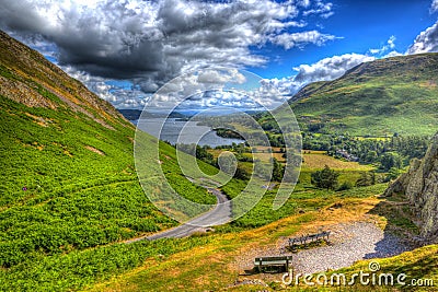 Elevated view of Ullswater Lake District Cumbria England UK from Hallin Fell in summer like painting in HDR Stock Photo