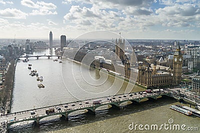 Elevated view of Westminster Bridge, the river Thames and the Houses of Parliament, London Stock Photo