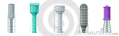 Elevated Water Tower or Tank Made of Metal for Storing Water Vector Set Vector Illustration