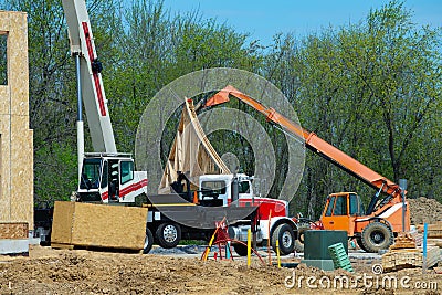 elevator crane plywood house truck modern property Stock Photo