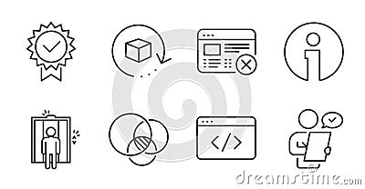Elevator, Customer survey and Return package icons set. Euler diagram, Info and Certificate signs. Vector Vector Illustration