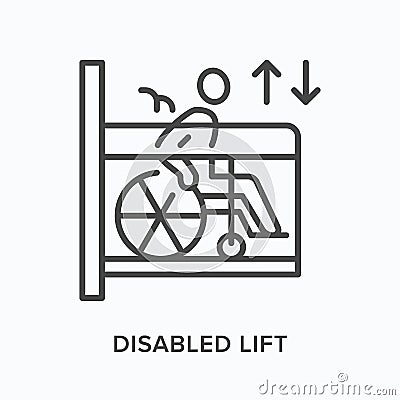 Elevator flat line icon. Vector outline illustration of lift for human with disabilities. Black thin linear pictogram Vector Illustration