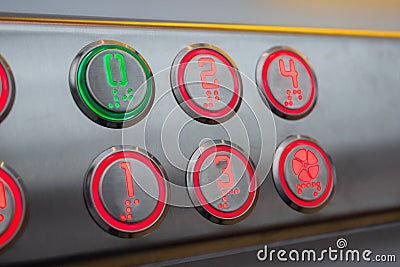 Elevator floor buttons on lift control panel at mall, hotel or business center Stock Photo